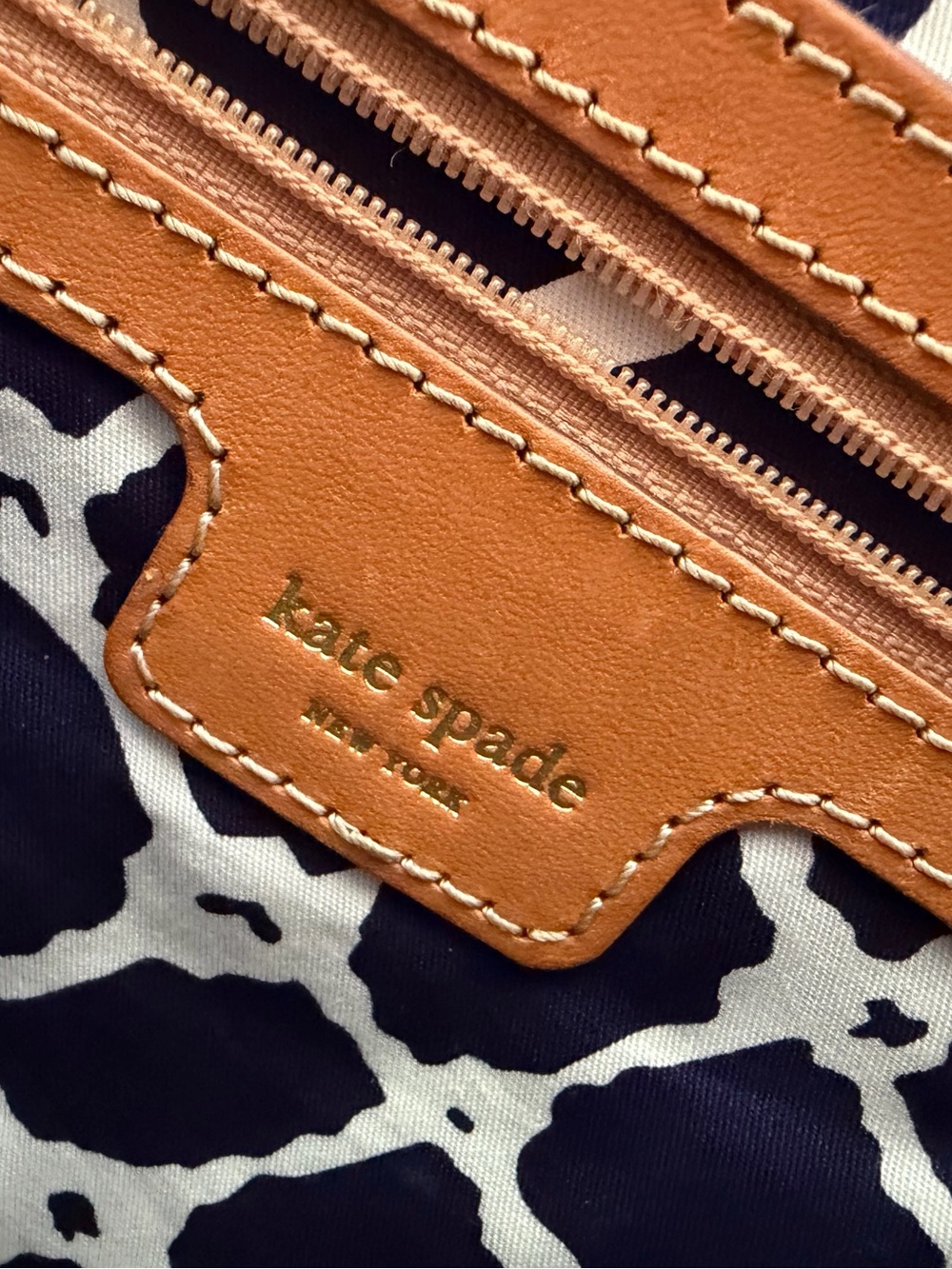 kate spade Reyna Cape Cod Coral & Navy Handmade Straw Tote with Tan Handles - Picture 5 of 5